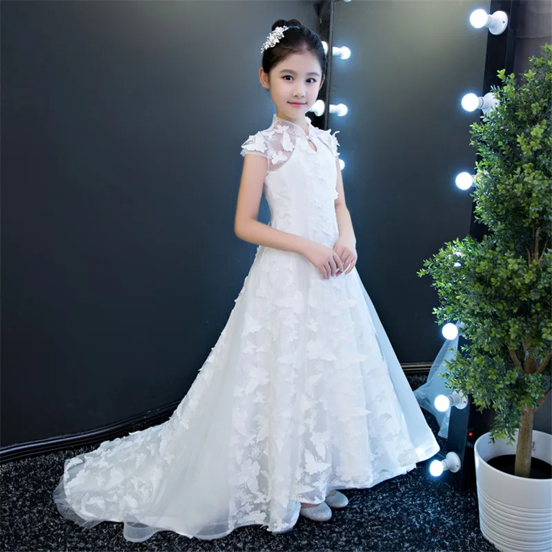 Festa de Casamento Vestidos de Bebês Show de Borboleta 2018 Nova Alta Qualidade Cor Branca Aniversário Longa Cauda Crianças Modelo Traje Vestido 7 Cheap Vestidos