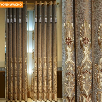 

Custom curtains European chenille patch velvet embroidery luxury villa study coffee cloth blackout curtain tulle drape B350