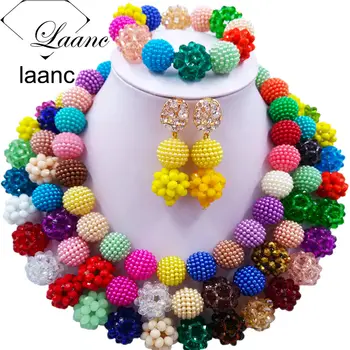 

Laanc Multicolor Nigerian Wedding African Beads Jewelry Set Crystal and Simulated Pearl J3PC004