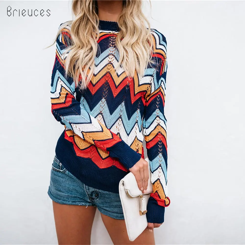 

Brieuces autumn winter knitted sweater pullover Women loose sweater full sleeve hollow Runway rainbow sweet Sweater street star