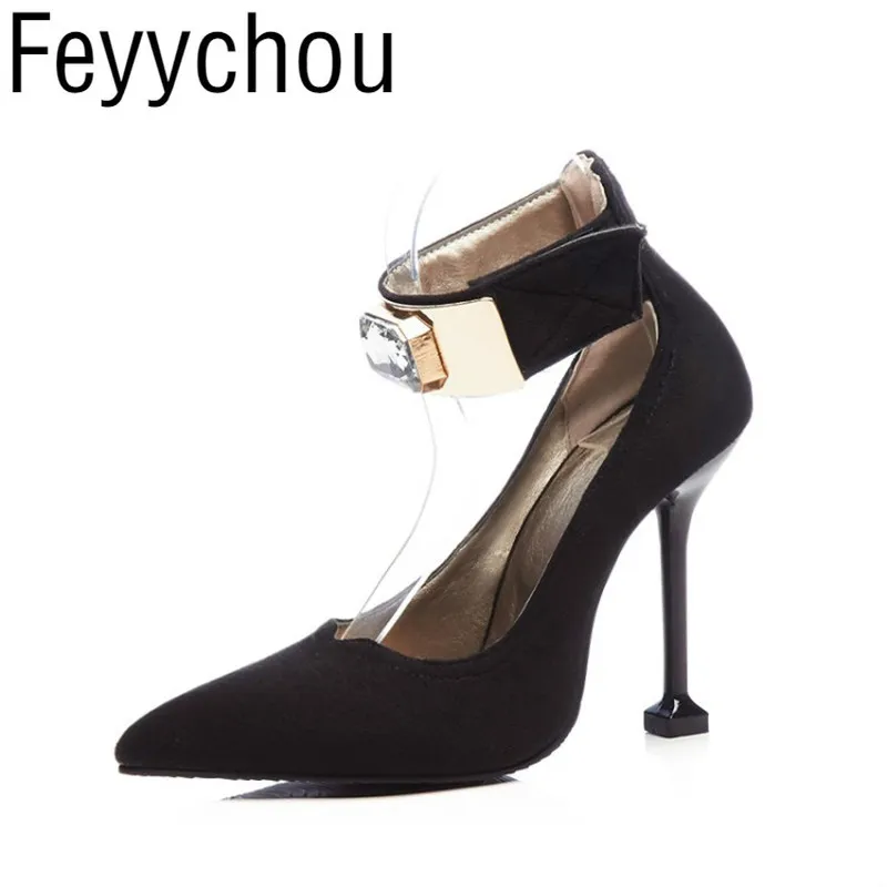 Women Pumps Super High Heel Shoes Spring Autumn Flock Crystal Ankle