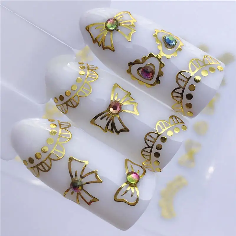 WUF золотые стикеры 3D на ногти Nail Art полые наклейки смешанный Дизайн Клей цветок Типсы для ногтей Аксессуары для салона