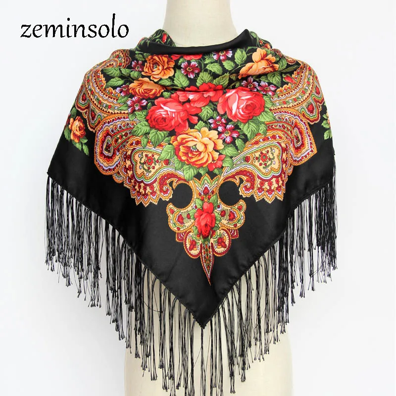 Модный Российский бренд, большой размер, квадратный шарф, женский, хиджаб, хлопковый длинный шарф с кисточками и принтом, весенне-зимние шарфы, шали, палантины - Цвет: Черный