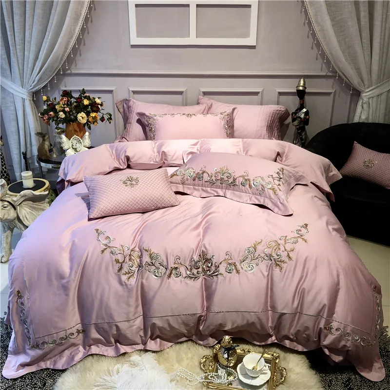 

New Luxury Pink European style Royal Embroidery 60S Egyptian Cotton Bedding Set Duvet Cover Bed sheet Bed Linen Pillowcases