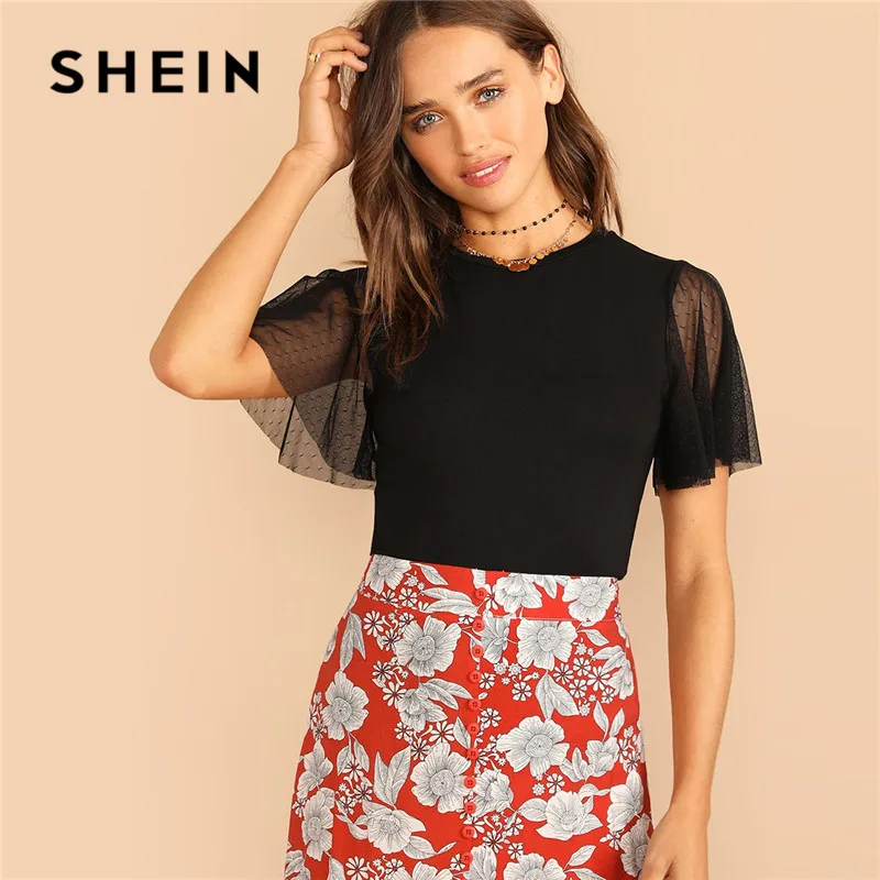 

SHEIN Jacquard Lace Ruffle Sleeve Slim Fit Black T Shirt Women Summer Elegant Short Sleeve Round Neck Solid Stretchy Mesh Top