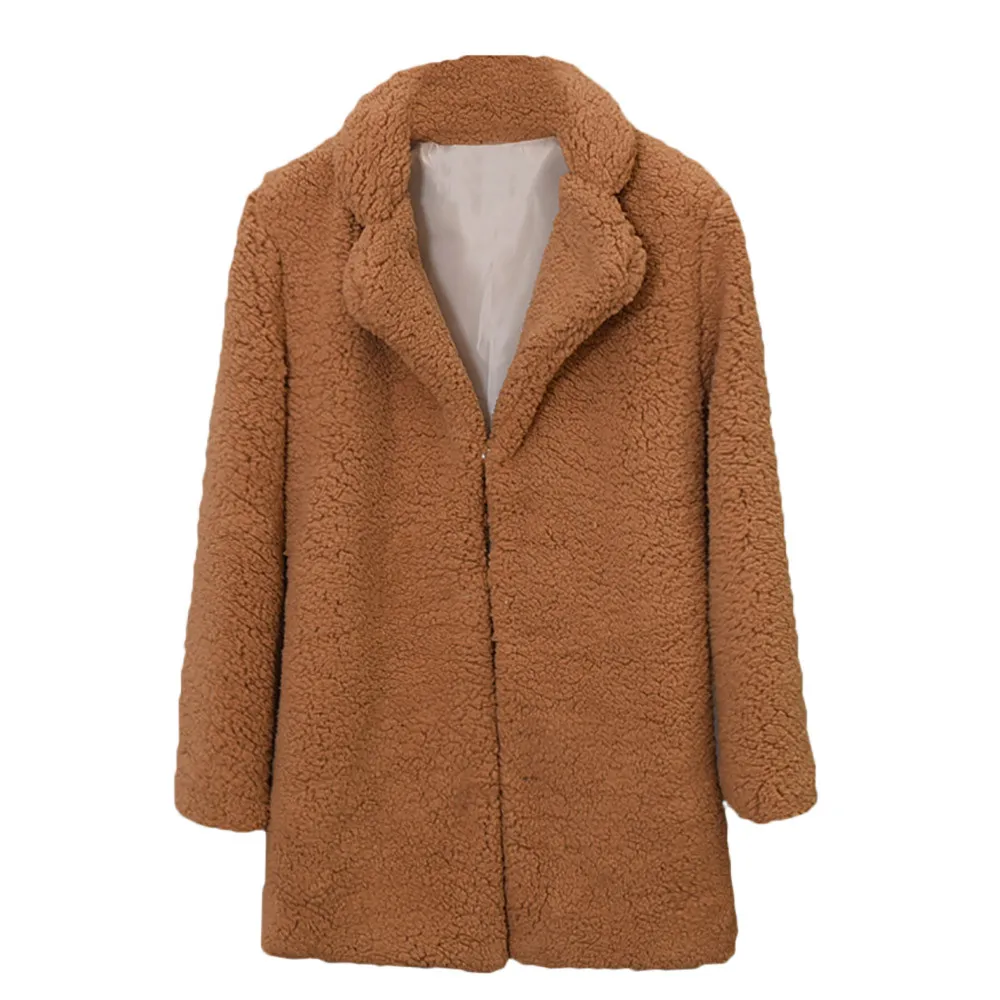 Пальто из искусственного меха, женская теплая верхняя одежда, плюшевая свободная Меховая куртка с отложным воротником, зимнее пальто, Свободный кардиган, Тренч, однотонная женская куртка - Цвет: Light Brown