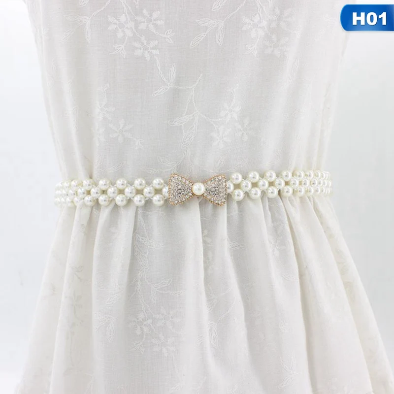 Элегантный Для женщин жемчуг поясной пояс Эластичная Застежка жемчужные цепочки пояс женский Девушки платье ремешок с кристаллами
