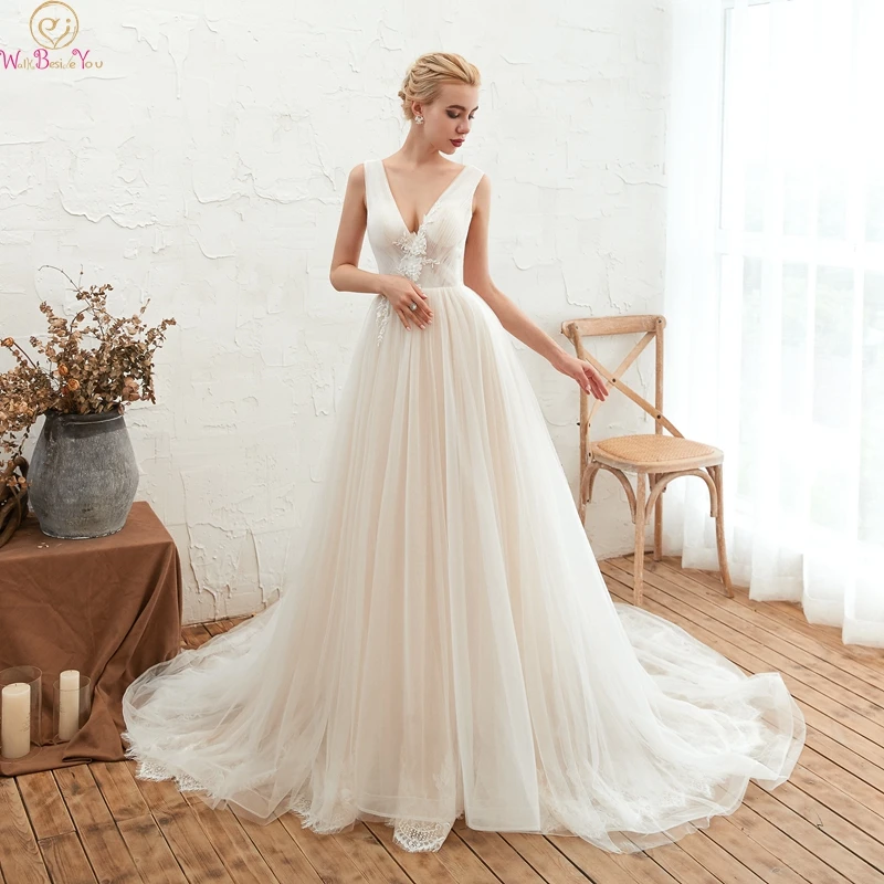 

Ivory White Plus Size Boho A Line Wedding Dresses 2019 Deep V Neck Bridal Gowns Appliques Lace Long Illusion Vestidos De Noiva