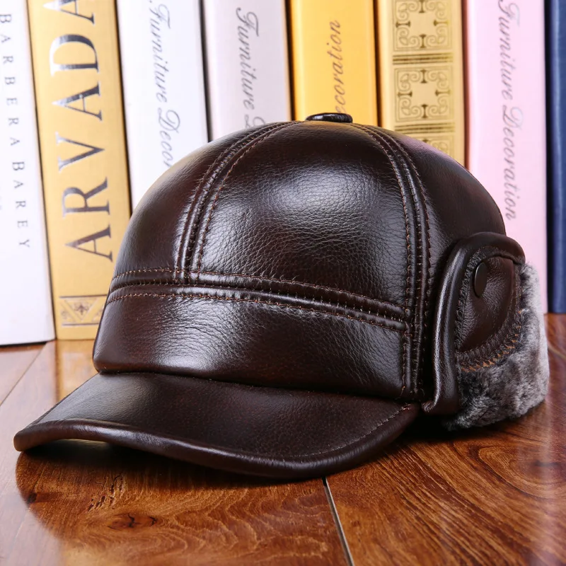 Billige Männer Baseball Kappe Herbst und Winter Hohe Qualität Rindsleder Hut Ältere Warme Ältere Ohrenschützer Casual Leder Warme Kappe B 7257