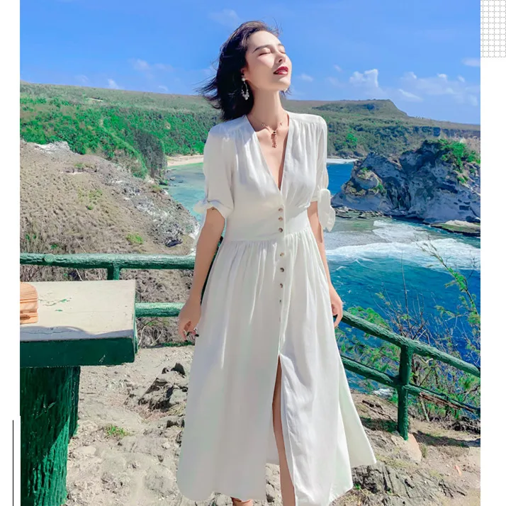 

La MaxPa Summer Dress 2019 New Half Sleeve Solid Women Dress A-Line Vintage Long Dress Women V-Neck Mid-Calf White Dress Elegant