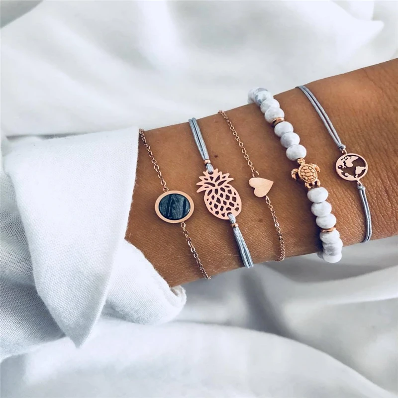 

5 pieces / set of bracelets trend ladies heart-shaped bracelet beaded turtle pendant bangles hollow pineapple round bracelet