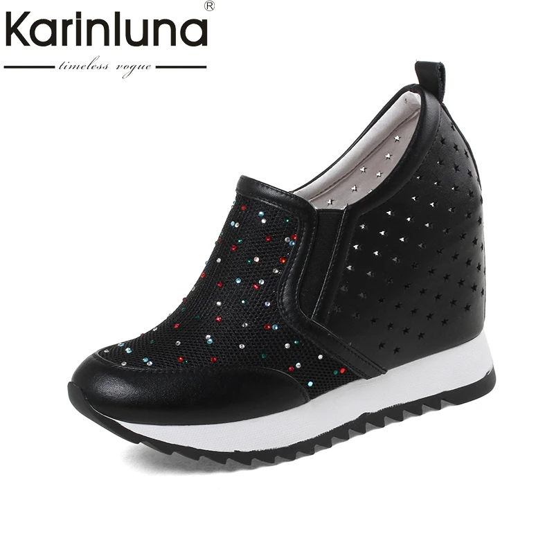 

KarinLuna 2018 large size 32-40 cow leather increasing heels women shoes Woman black elastic band pumps woman footwear