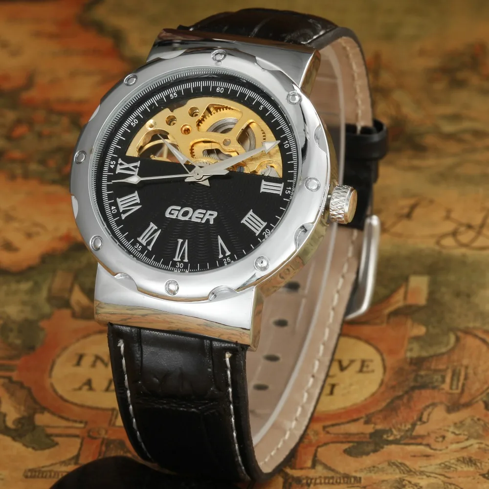 GEOR brand leather machinery Men s Automatic Watch fashion Skeleton male Wrist watch waterproof Luminous digital
