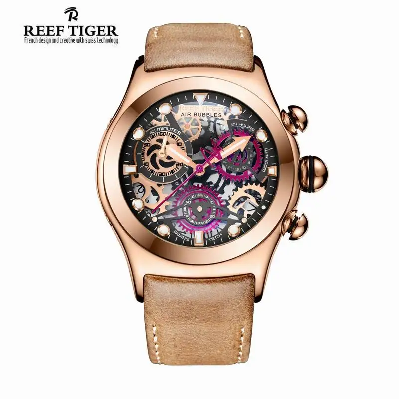 Reef Tiger RT Chronograph Sport Watches for Men Skeleton Dial with Date Three Counters Design Luminous