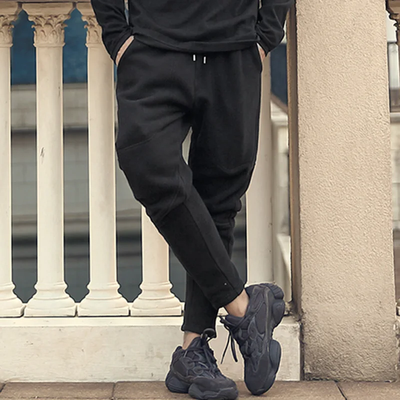 Мужские Новые Стильные черные брюки на молнии, утолщенные Узкие повседневные штаны, мужские шаровары с флисовой подкладкой, модные брюки в стиле хип-хмель, K923-2