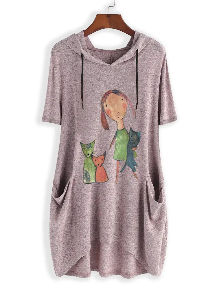 

New Fashion Harajuku Sweatshirt Kawaii Girls and Cats Printed Hoodie Women Oversized Pullover Tops Female Harajuku Streetwear