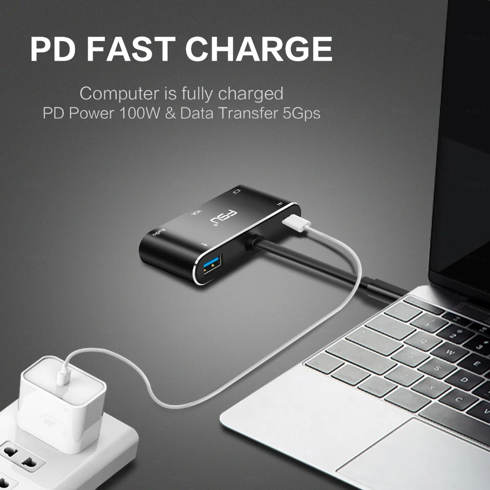 FSU USB C HDMI Cable Type C to VGA Thunderbolt 3 Adapter for MacBook Samsung S9/S8 Huawei Mate 20 P20 Pro USB-C HDMI VGA HUB