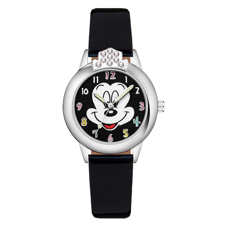 

Cartoon Mickey Minnie Mouse Crystal style Children's Watches Kids Student Girls Quartz Leather strap Wrist Watch Clock JK01