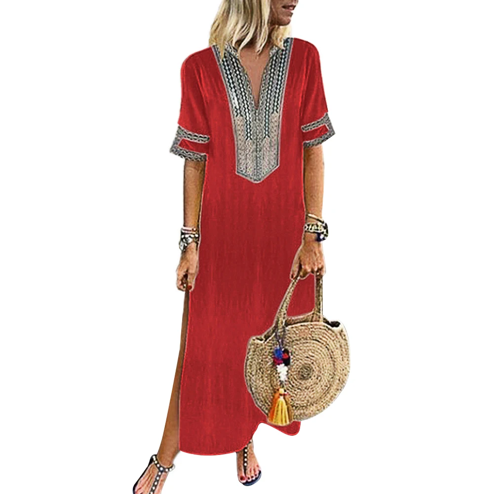 

Plus Size Pullover Summer Slim Fit Printed Women Dress Sundress Beach Maxi Holiday Casual Short Sleeve Cotton Blend Elegant