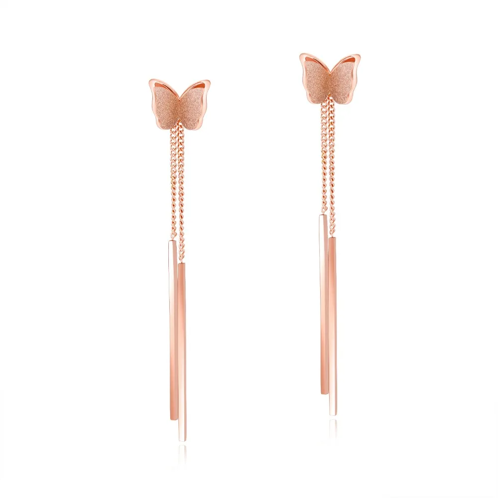 

Fashion Stainless Steel Butterfly Pendant Earrings Women's Rose Gold Long Fringe Earrings Women's Jewelry Free Shipping 3-GE457