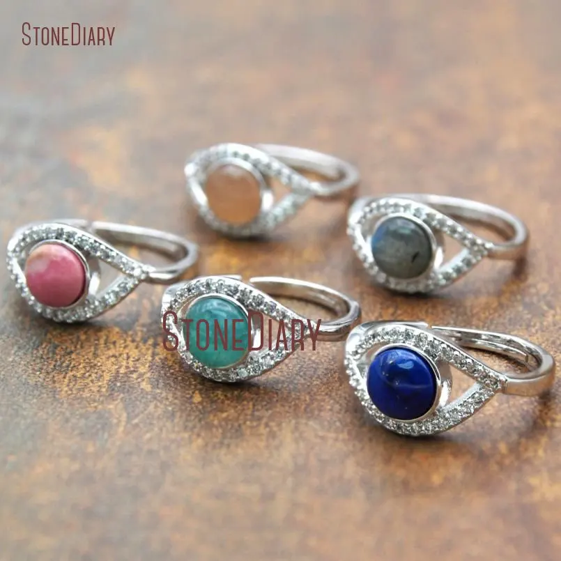 

10Pcs Amazonite, Labradorite, Lapis Lazuli, Sunstone Ring Clear Cz Micro Pave Silver Marquise Shape Ring Adjustable RM15526