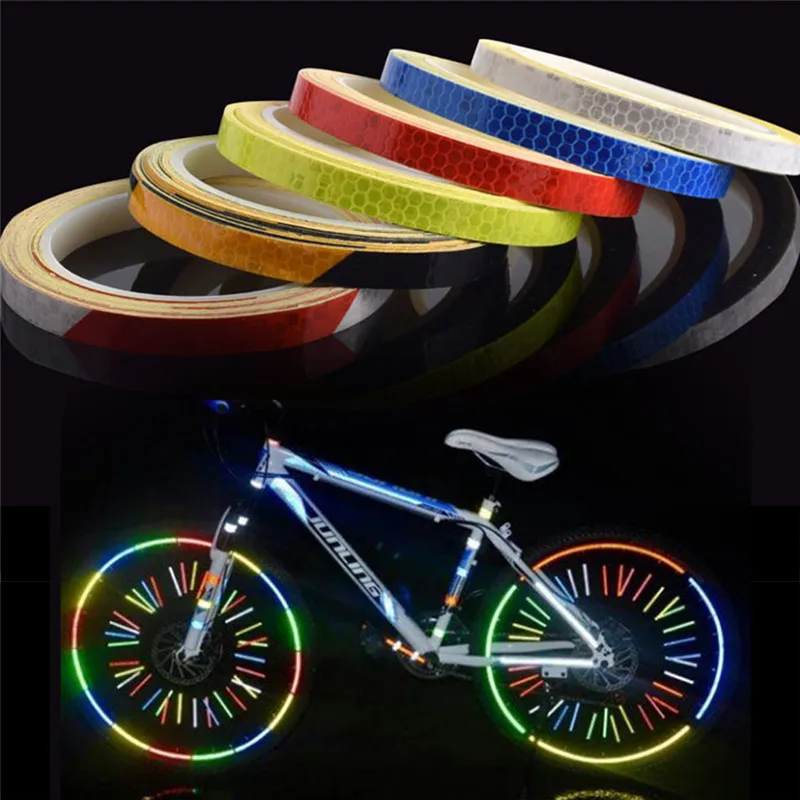 1 cm * 8 m pegatinas reflectantes fluorescentes Reflector de bicicleta motocicleta rueda de seguridad cinta adhesiva de seguridad impermeable