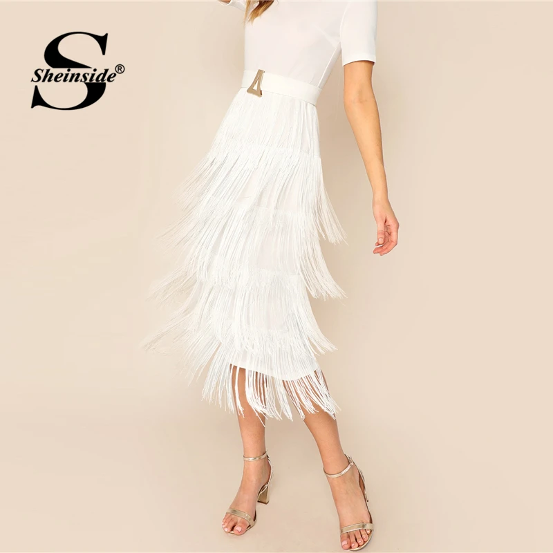 Sheinside белые элегантные многослойные вечерние платья с бахромой для женщин летние платья карандаш женские однотонные миди платья
