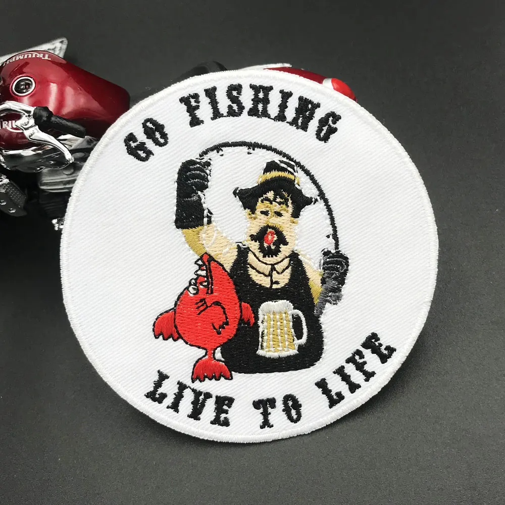 

GO FISHING Patch Embroidered Applique Sewing Label punk biker Patches Clothes Stickers Apparel Accessories Badge