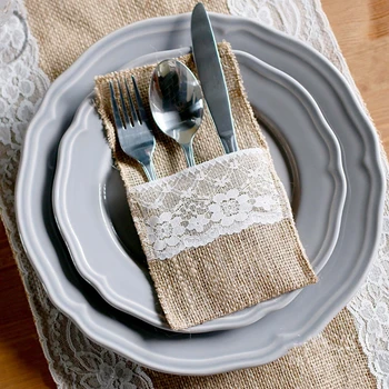 

30PC DIY Rustic Vintage Wedding Lace Tableware Pouch Fork Knife Holder Pocket Jute Burlap Wedding Party Table Decoration 4"x8"