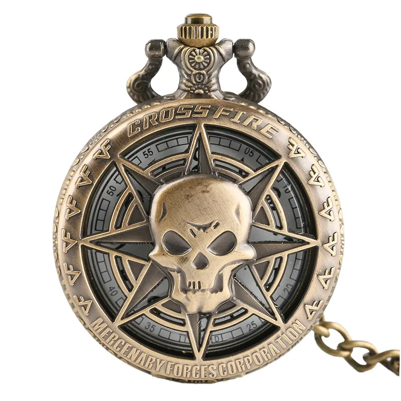 

Retero Bronze Hollow Quartz Pocket Watch Skull CROSS FIRE Gothic Skeleton Men Women Fob Watches with Chain Gift for Unisex