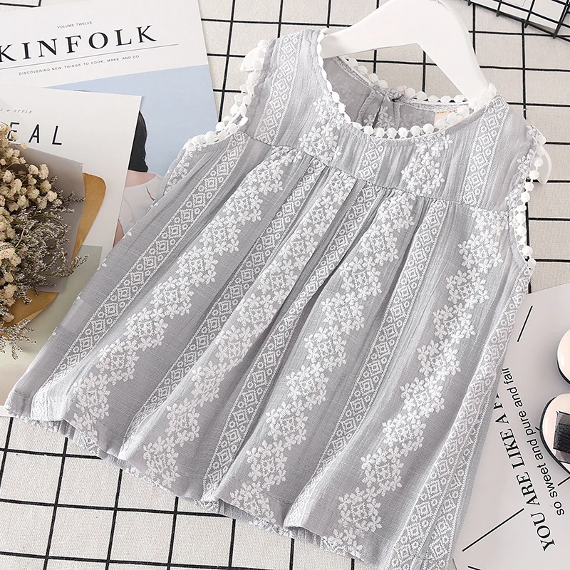 

Baby Girls Lace T-shirts Summer Cotton Floral Print Sleeveless Tops Blouse Tassel Design Children Casual Tee Shirts