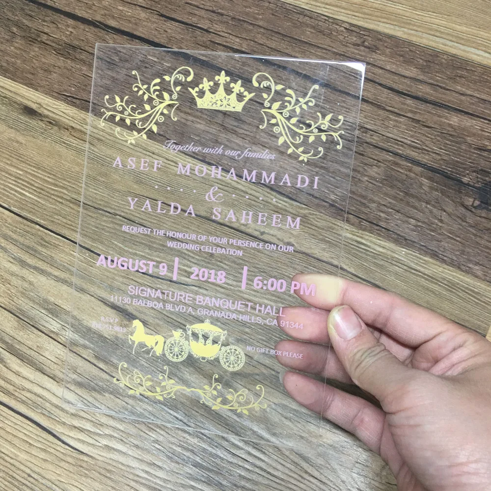 hot sell 10pcs elegant colorful words printing acrylic wedding invitation card popular glass