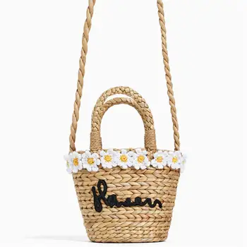 

Flower embroidery Bohemian Straw Bags for Women Kids Small Beach Handbags Summer Vintage Rattan Handmade Kintted Crossbody Bag