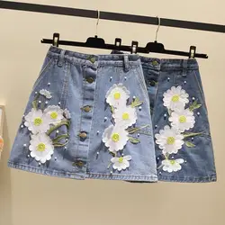 2019 Летняя женская джинсовая юбка мини жемчужная Женская вышитая бисером Высокая талия цветочный kawaii обёрточная джинсовая юбка карманы