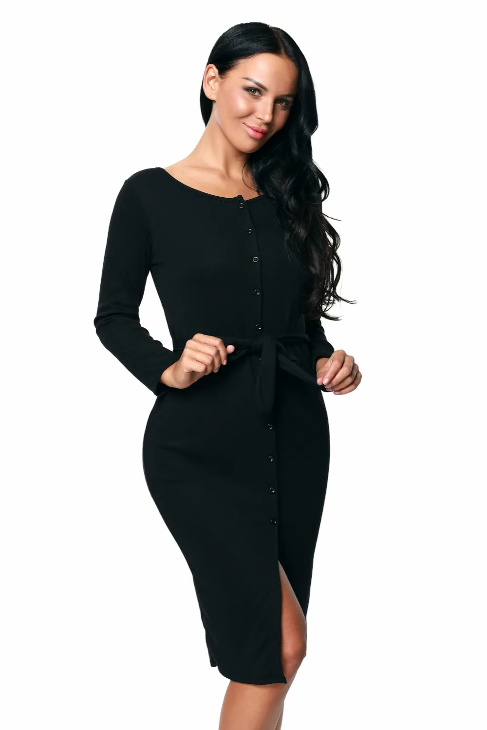 Black-Long-Sleeve-Button-Down-Midi-Dress-with-Sash-Belt-LC61385-2-8