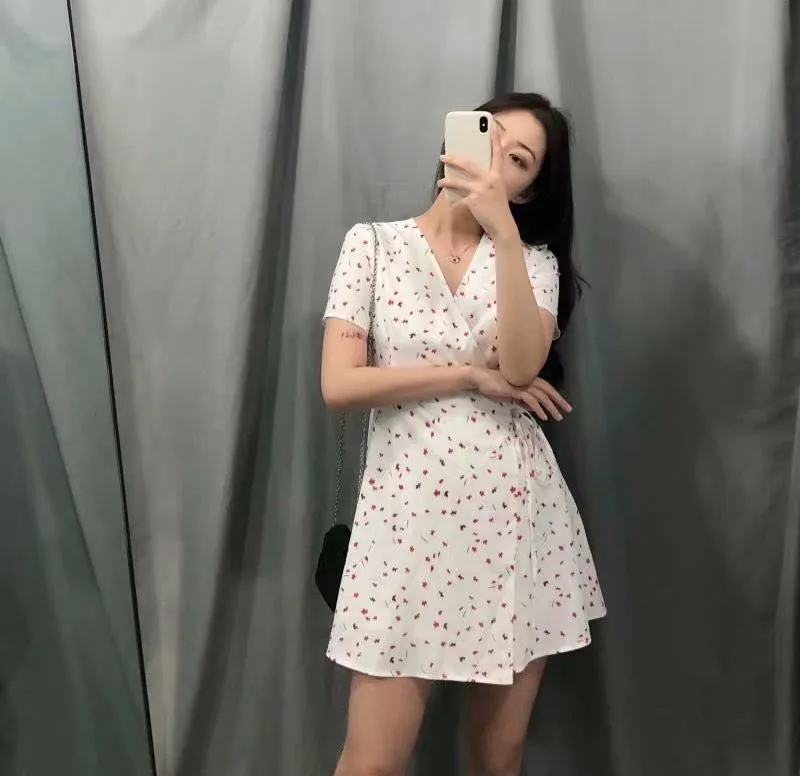 

Summer new French style garden small floral short-sleeved dress female, street fashion slim V-neck lace dress female
