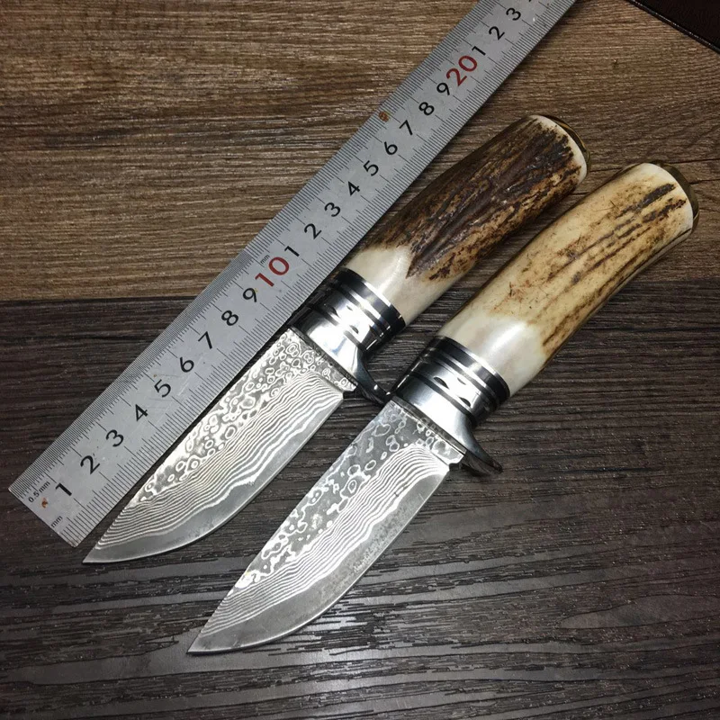 

2016 Outdoor knife pure manual Damascus knife Pattern steel knife gift collection Real horn handle