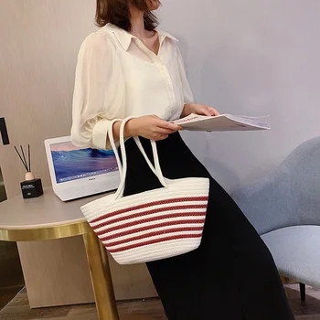 

Classic straw popular summer style woven striped shopping bag large beach bag twine handle tote bag shoulder messenger bag