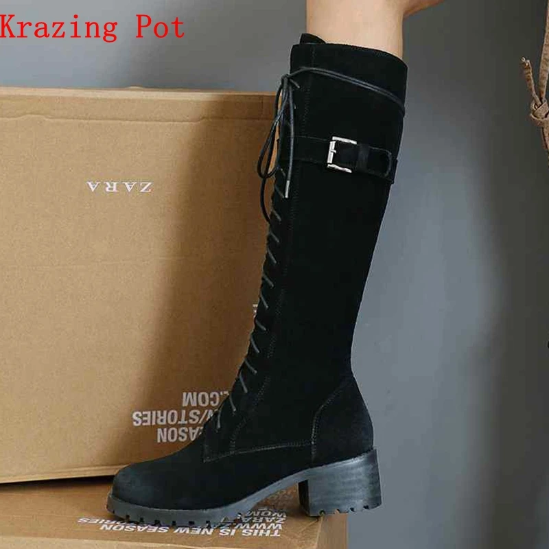 

Krazing Pot cow suede full grain leather lace up motorcycle boots square heels round toe gentlewomen riding thigh high boots L01