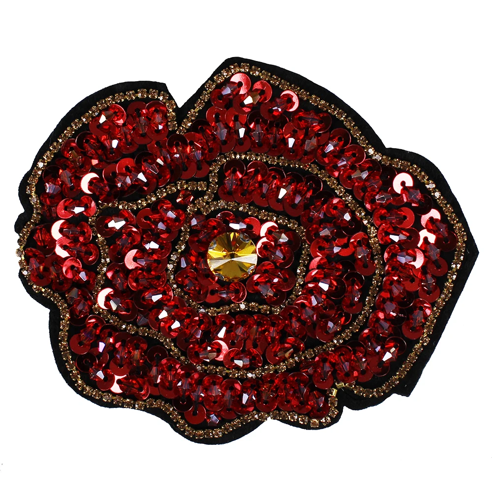 

10pieces Beaded Sequin Paillette Strass Red Rose Pattern Rhinestones Patches Applique Badges Clothes Bags Decorated Craft TH683