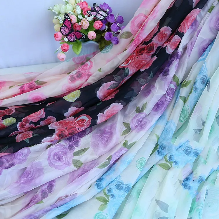 30D printed chiffon fabric Chinese style rose silk scarf costume Hanfu skirt dress decoration skirt fabric DIY material cloth