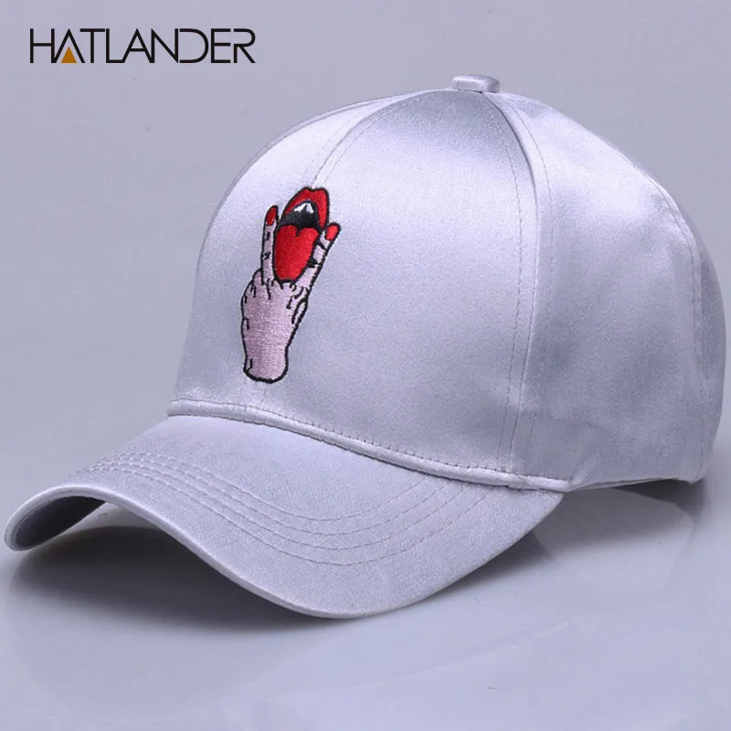 [HATLANDER] Новая мода шелковый блеск бейсболки хип хоп snapback Кепка для девочек мальчиков вышивка красная губы изогнутые горры шапки для женщин
