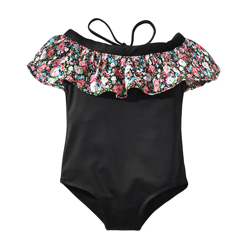 Yangmaile/пляжный купальный костюм для маленьких девочек с открытыми плечами и оборками; купальник с цветочным рисунком; Бразильское бикини; Y - Цвет: Black 6-7 Years