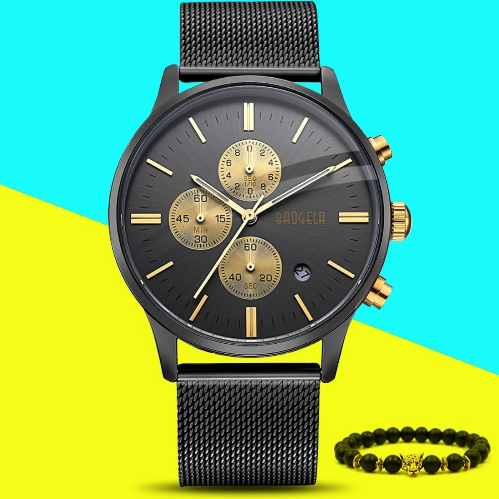 

BAOGELA 2017 Bullet Series Chronograph Fashion Men's Watch Multi-Function Stainless Steel Mesh Sports Slim Male Watch Masculino