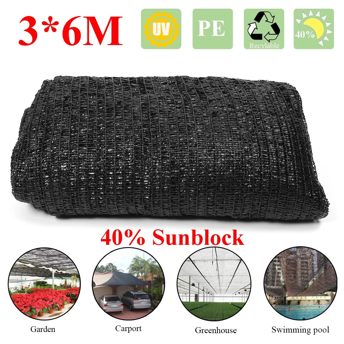 PE 6x3m Sunblock Shade Cloth Plant Cover Netting Shading Rate 40