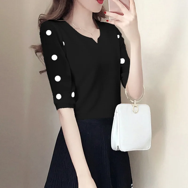 Blusas mujer de moda шифоновая рубашка в горошек с v образным вырезом кружевной пуловер