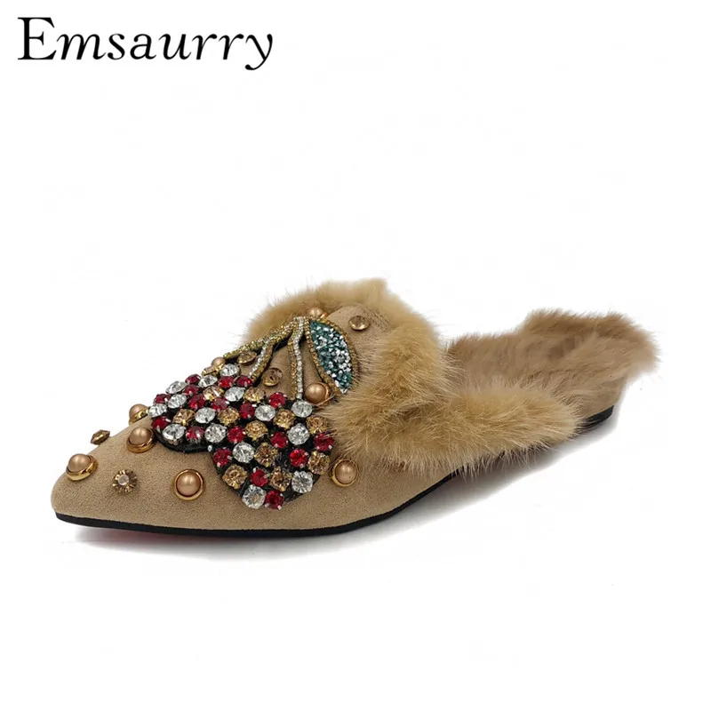 

Luxury Fur Flat Slippers Women Soft Suede Colorful Crystal Point Toe Bling Glitter Outwear Mules Winter Shoes Woman