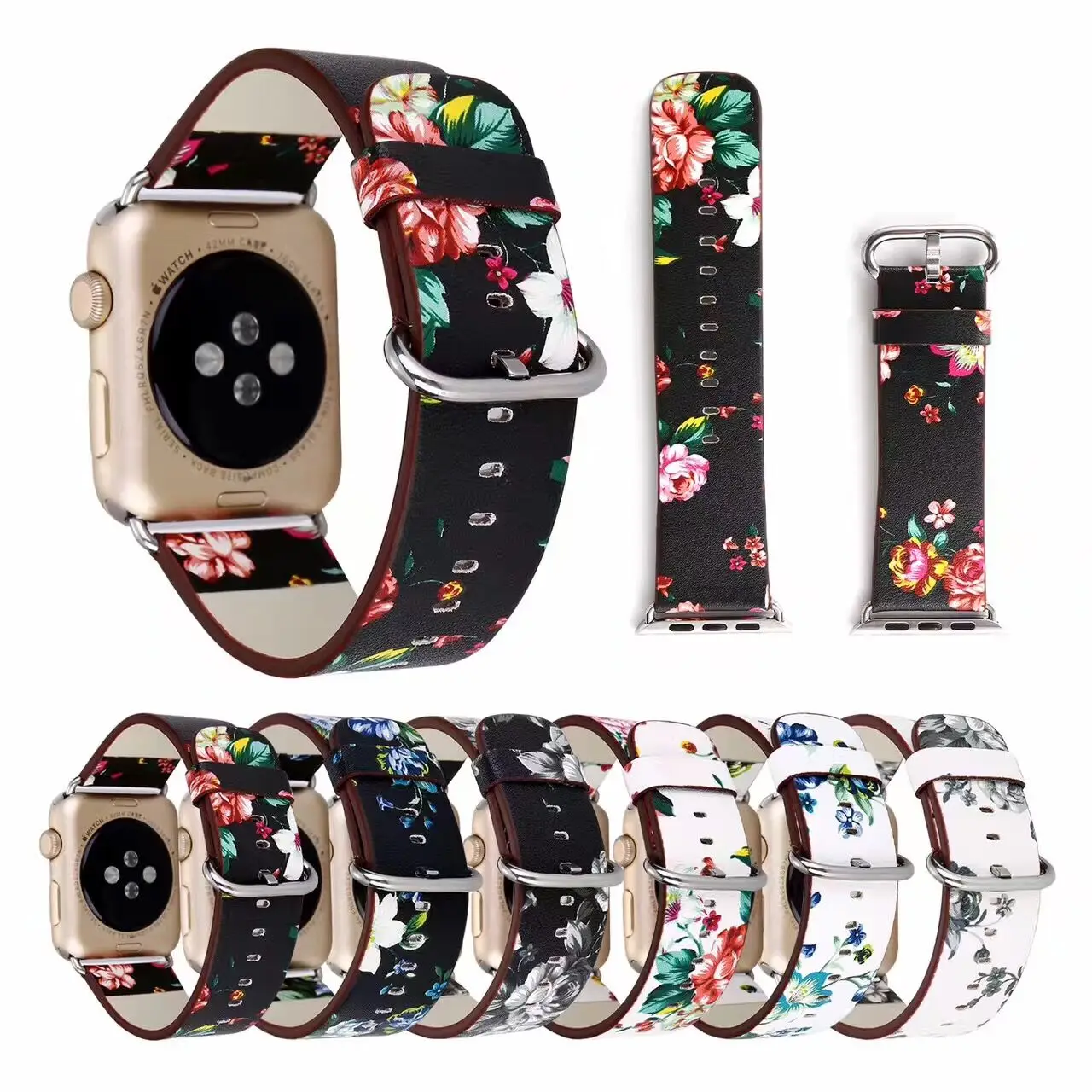 

National Printed Leather Strap for Apple Watch Band 42&38mm 40mm 44mm Flower Design Wristband Bracelet for iwatch 1/2/3/4