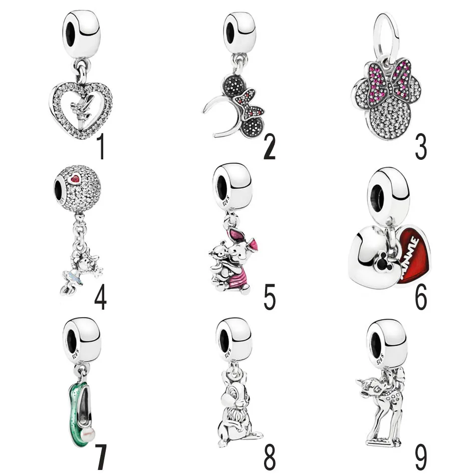 

925 Silver Dangle Beads Fit Pandora Bracelet Tinker Bell Floating Minnie Pendant Rambi Minnie Mickey Piglet Charm DIY Jewelry