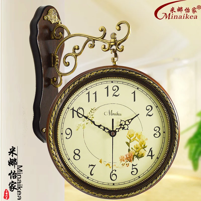Модные меди двусторонний антикварные настенные часы очень кварцевые часы Медь Массив дерева часы перевалки